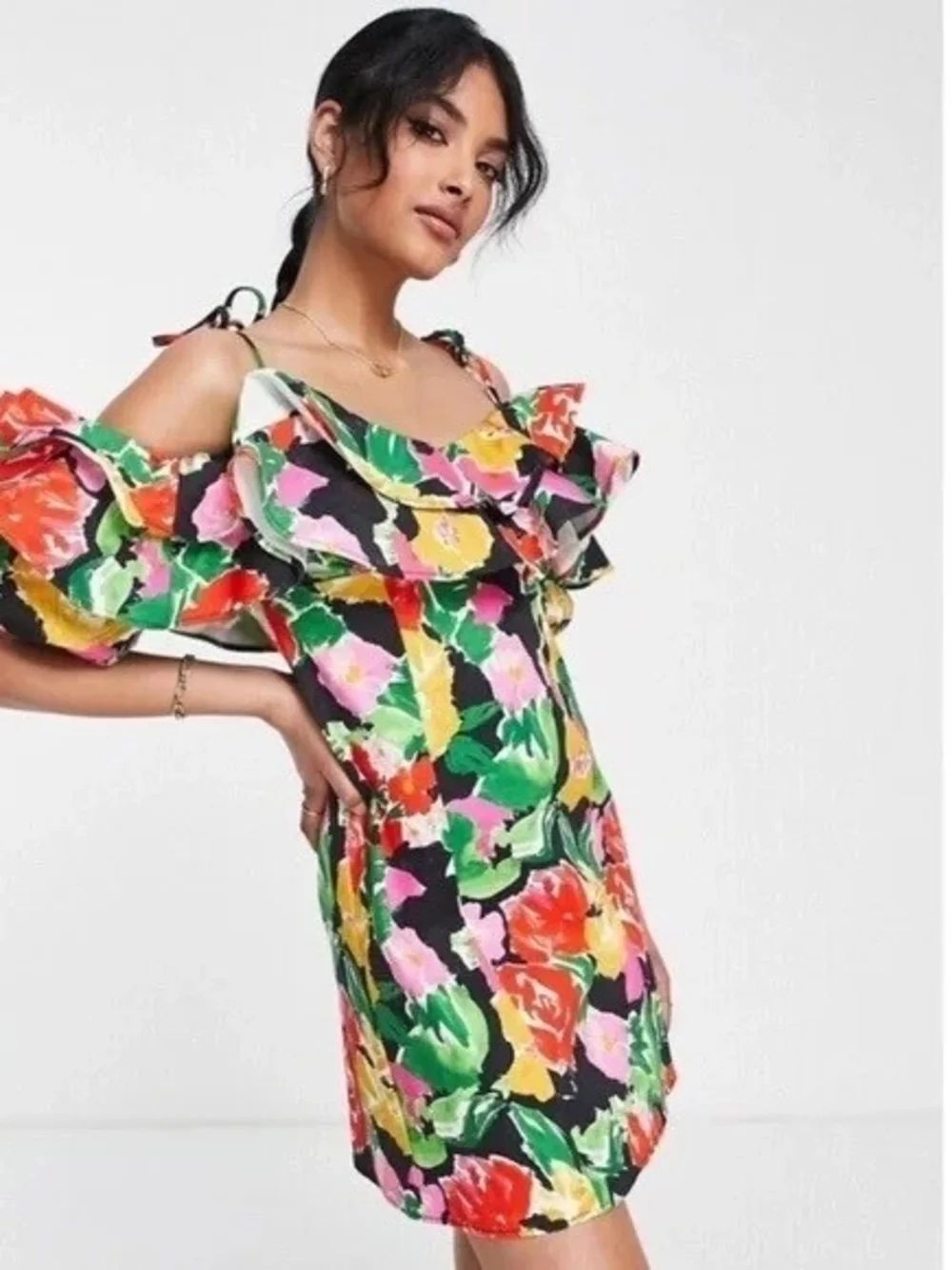 ASOS Floral Off-Shoulder Mini Dress in Black with Multicolor Flowers